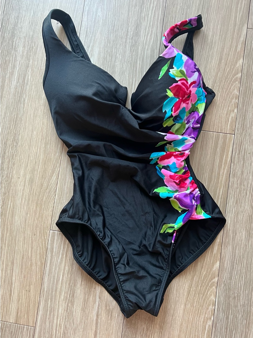 B Miraclesuit One Piece Swimsuit Women 12 Black Floral Tummy Control